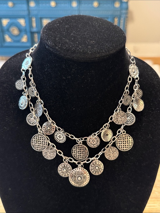 Jewelry - Vintage Silver Tone Coin Beaded Double Layered Choker Statement Necklace